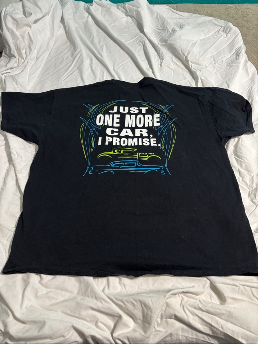Gildan Black Graphic Tee with White and Neon Blue/Green Print